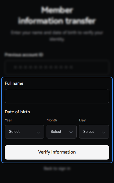 Member information transfer screen highlighting the name, date of birth and Verify information button.